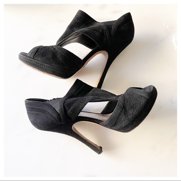 Prada Black Suede Cutout Peep Toe Booties Size 38.5 - Picture 2 of 10